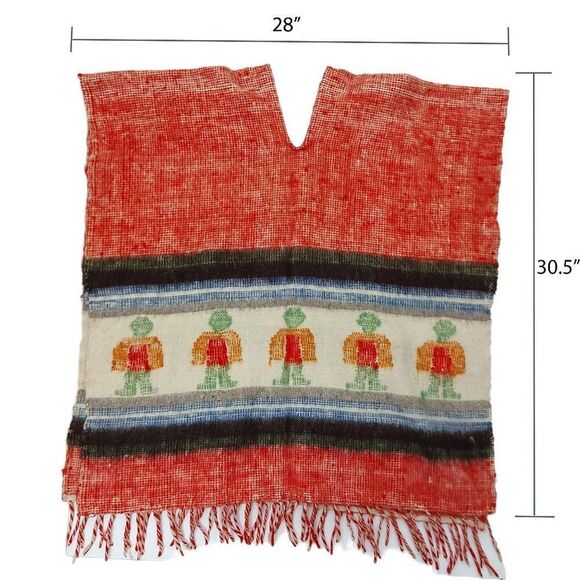 Wool Poncho One Size Red Beige Kids Knitted Fringed - Picture 3 of 8